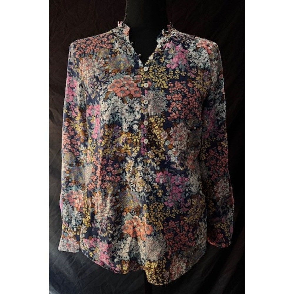 Talbots Petite Floral Henley Blouse Navy Blue Multi Color Ruffle Neck Top SP